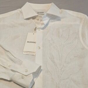 Murano Baird McNutt Small Slim Fit White Floral Embroidery Linen Shirt NWT L948